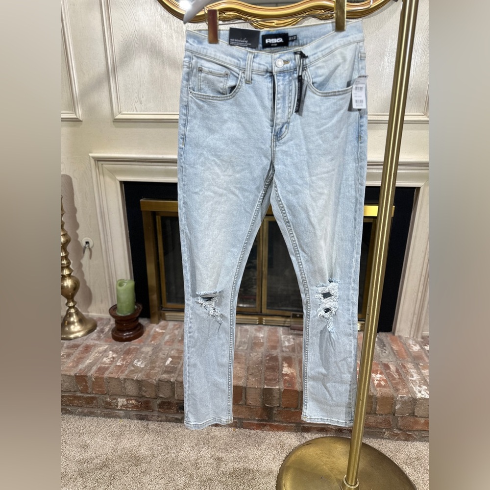 RSQ Mens Slim Taper Jeans 28x32 Light Wash Distressed Stretch Denim‎